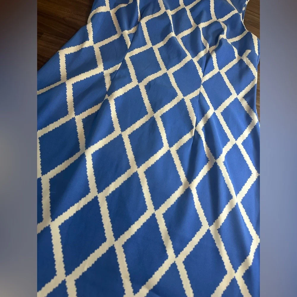 ALYX Dress Blue White Geometric Sheath Dress Size 16 Sleeveless Stretch - Picture 3 of 10